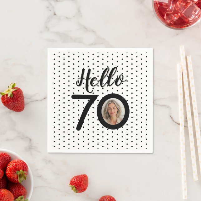 Hello 70 Black & White Dots Photo Birthday Napkins (Insitu)