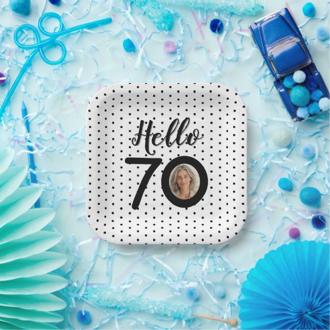 Hello 70 Black & White Dots Photo Birthday Paper Plates (Party)