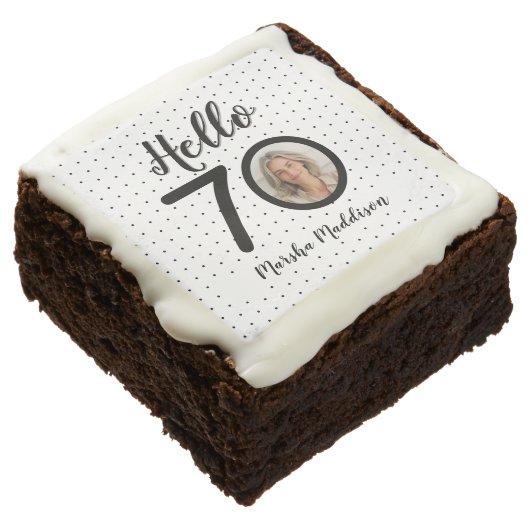 Hello 70 Black & White Dots Photo & Name Birthday Brownie (Angled)