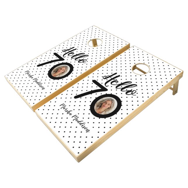 Hello 70 Black & White Dots Photo & Name Birthday Cornhole Set (Angled)