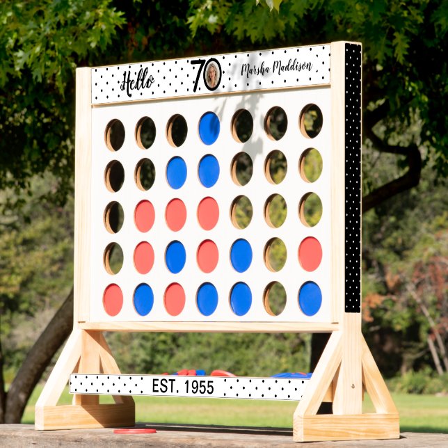 Hello 70 Black & White Dots Photo & Name Birthday Fast Four (Lawn)