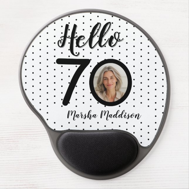 Hello 70 Black & White Dots Photo & Name Birthday Gel Mouse Pad (Front)