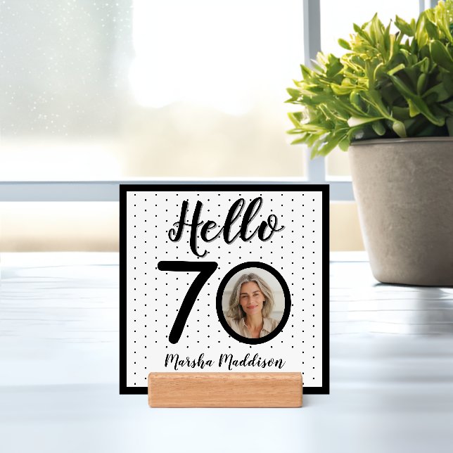 Hello 70 Black & White Dots Photo & Name Birthday Holder (Insitu 1 (Back))