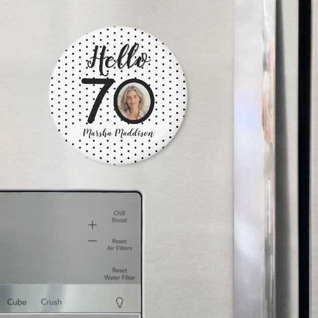 Hello 70 Black & White Dots Photo & Name Birthday Magnet (In Situ (Fridge))