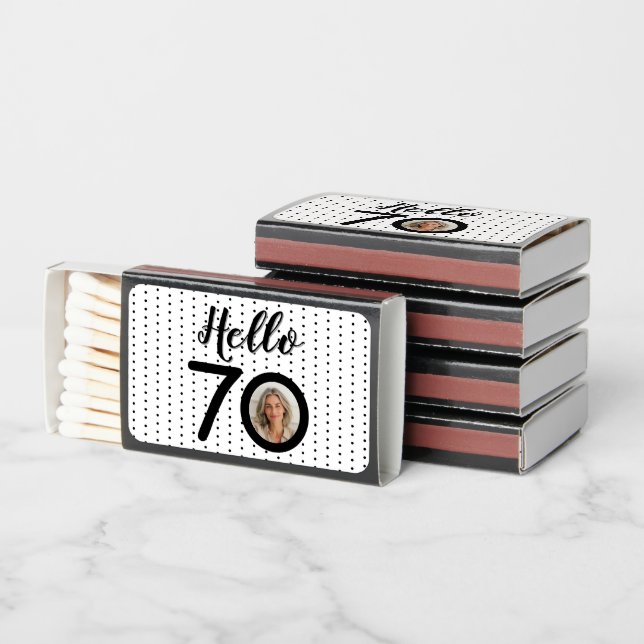 Hello 70 Black & White Dots Photo & Name Birthday Matchboxes (Stacked)
