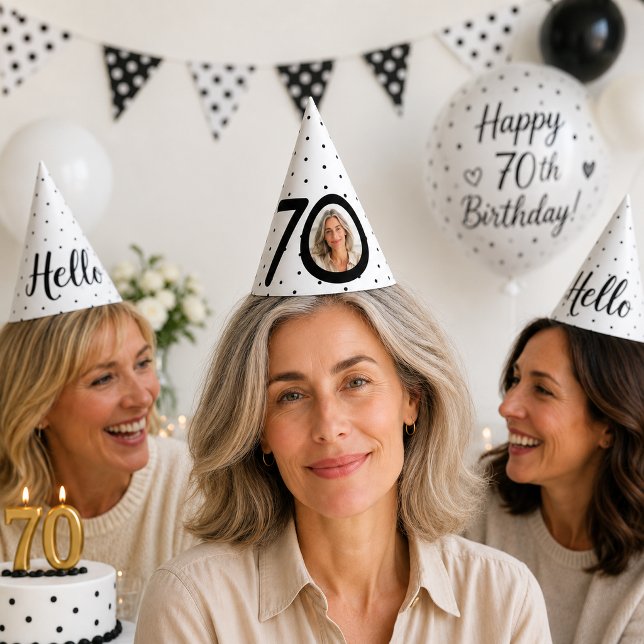 Hello 70 Black & White Dots Photo & Name Birthday Party Hat (Hello 70 Black & White Dots Photo & Name Birthday Party Hat)