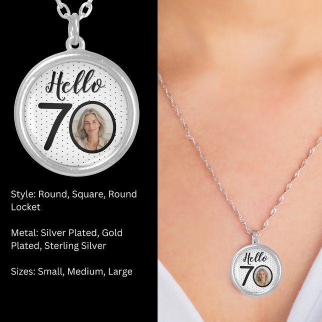 Hello 70 Black & White Dots Photo & Name Birthday Silver Plated Necklace (Hello 70 Black & White Dots Photo & Name Birthday Silver Plated Necklace)