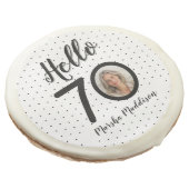 Hello 70 Black & White Dots Photo & Name Birthday Sugar Cookie (Angled)