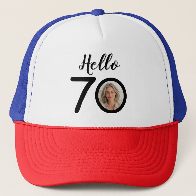 Hello 70 Black & White Dots Photo & Name Birthday Trucker Hat (Front)