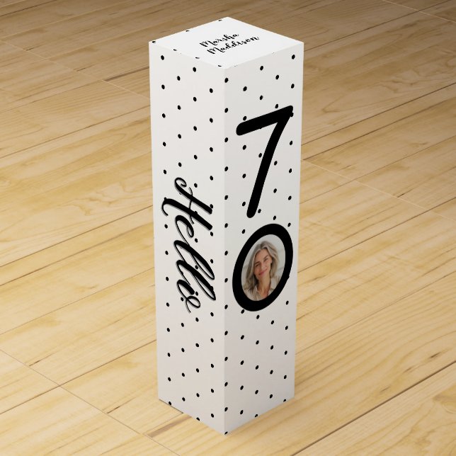 Hello 70 Black & White Dots Photo & Name Birthday Wine Box (Front)