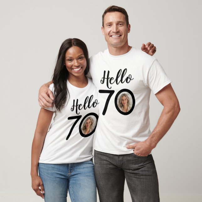 Hello 70 Custom Photo 70th Birthday White Unisex T-Shirt (Unisex)