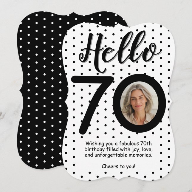 Hello 70 Photo Black & White Dots Birthday Card (Front/Back)