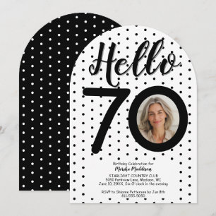 Hello 70 Photo Black & White Dots Birthday Invitation