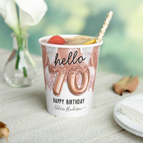 Hello 70 Pink Glitter Birthday Balloons Paper Cups