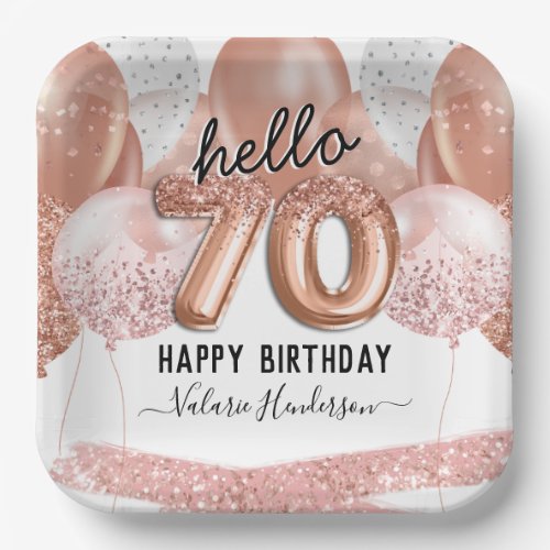 Hello 70 Pink Glitter Birthday Balloons Paper Plat Paper Plates
