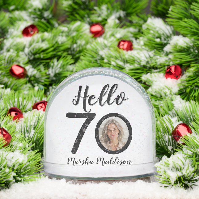 Hello 70 Your Name & Photos Birthday Snow Globe (Christmas)