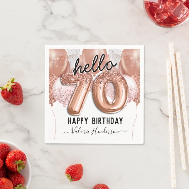 Hello 70th Birthday Pink Glitter Balloons Napkins (Insitu)