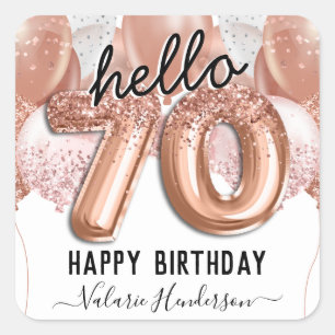 Hello 70th Birthday Pink Glitter Balloons Square Sticker