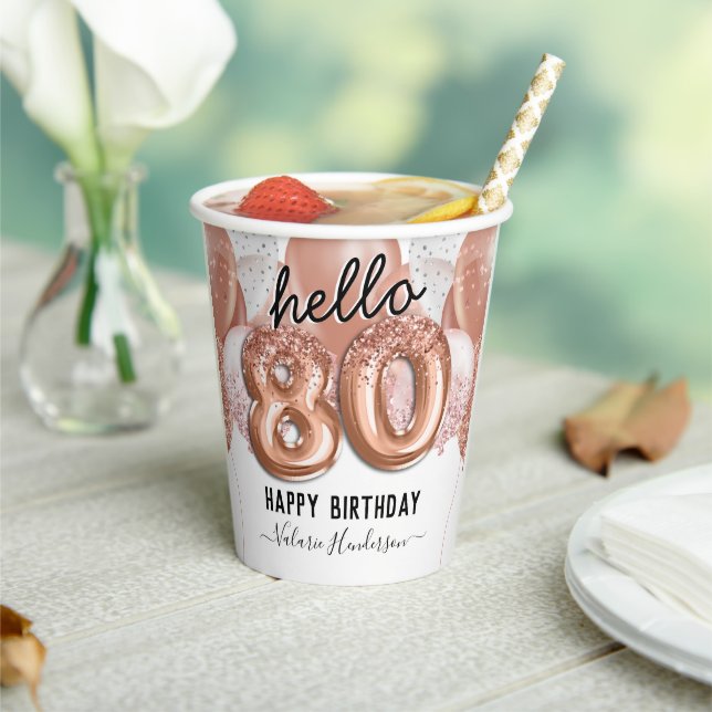 Hello 80 Pink Glitter Birthday Balloons Paper Cups (Insitu)