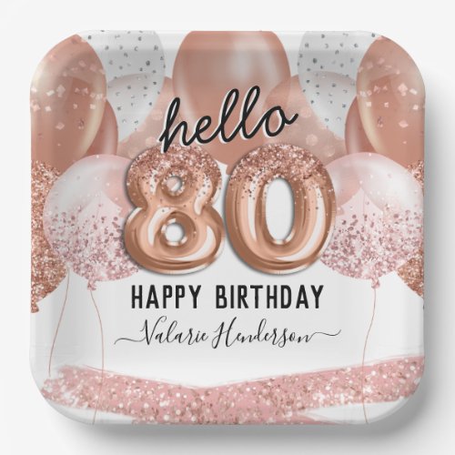 Hello 80 Pink Glitter Birthday Balloons Paper Plat Paper Plates