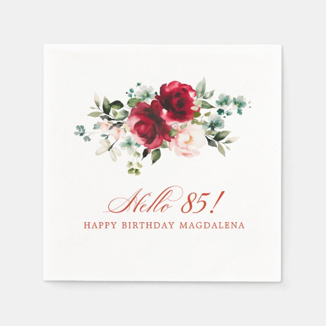 Hello 85 Birthday Party Red Pink Floral Napkins (Front)
