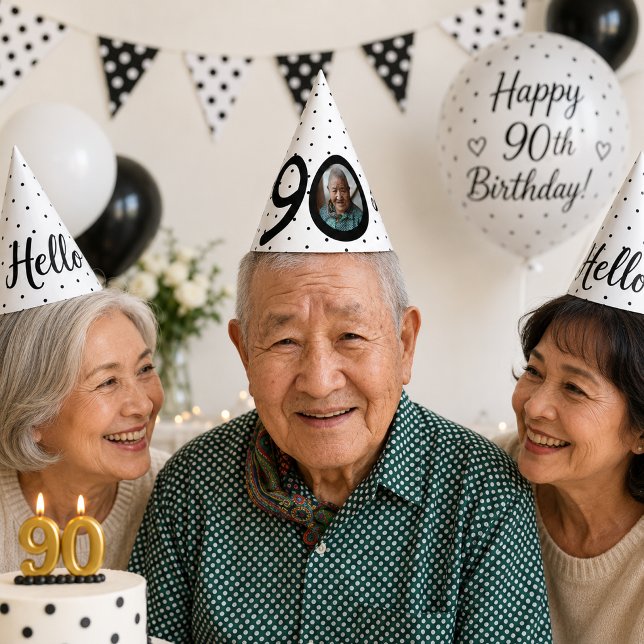 Hello 90 Black & White Dots Photo & Name Birthday Party Hat (Hello 90 Black & White Dots Photo & Name Birthday Party Hat)