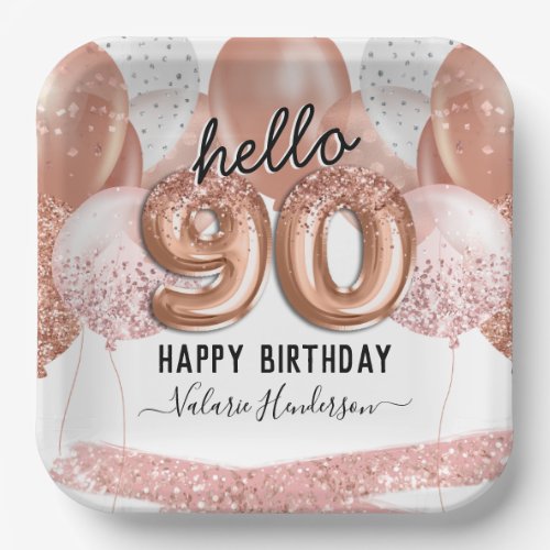 Hello 90 Pink Glitter Birthday Balloons Paper Plat Paper Plates