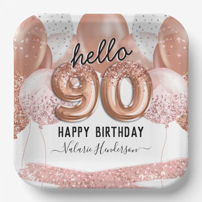 Hello 90 Pink Glitter Birthday Balloons Paper Plat Plates (Front)