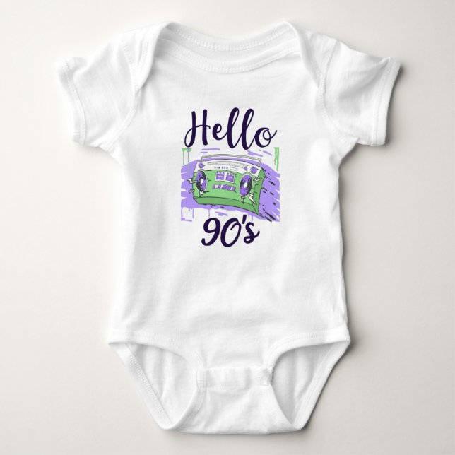 Hello 90s radio cassette recorder baby bodysuit (Front)