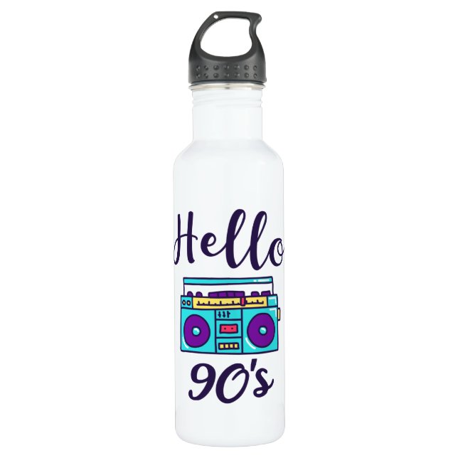 Hello 90s radio cassette recorder stainless steel water bottle (Front)