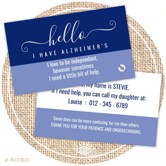 hello alzheimers awareness and emergency contact  business card (Creator Uploaded)