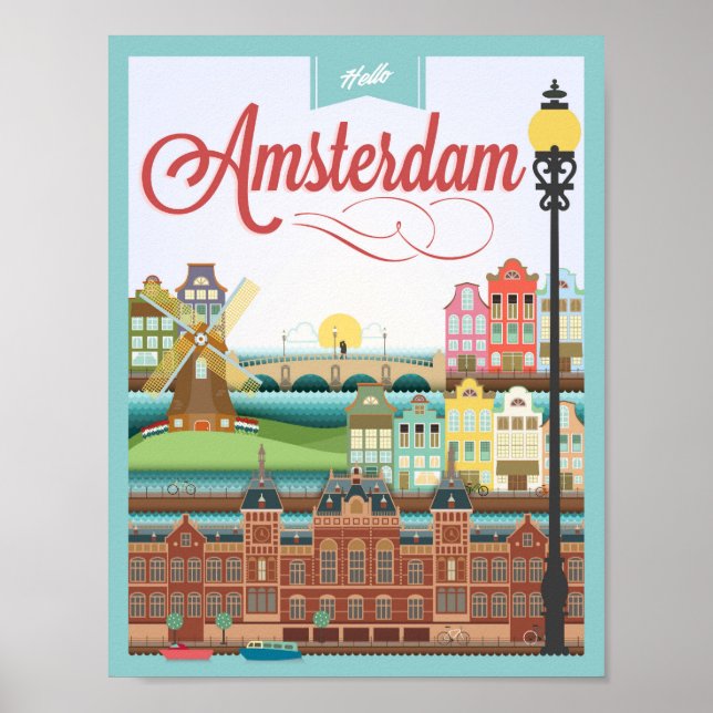 Hello Amsterdam Holland Travel Poster (Front)