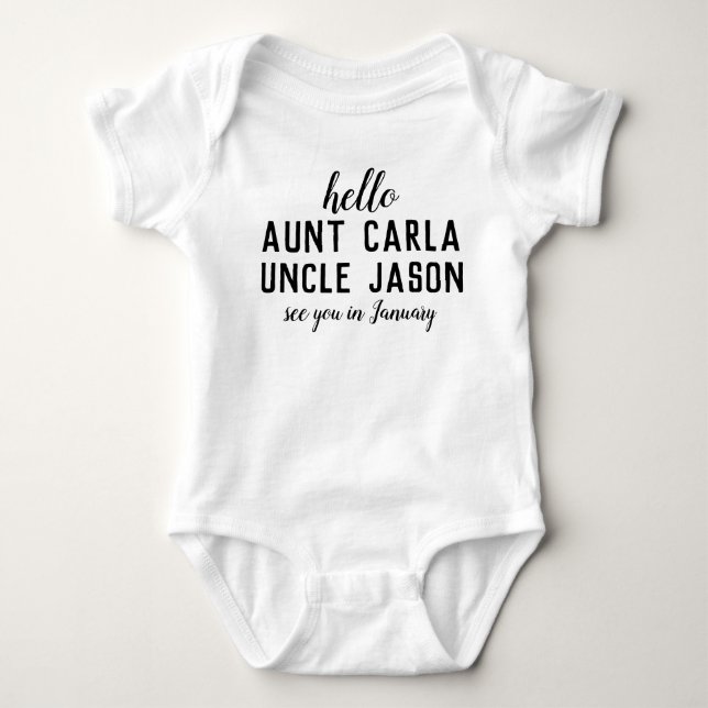 Hello Aunt and Uncle Surprise Pregnancy Gift Baby Bodysuit (Front)