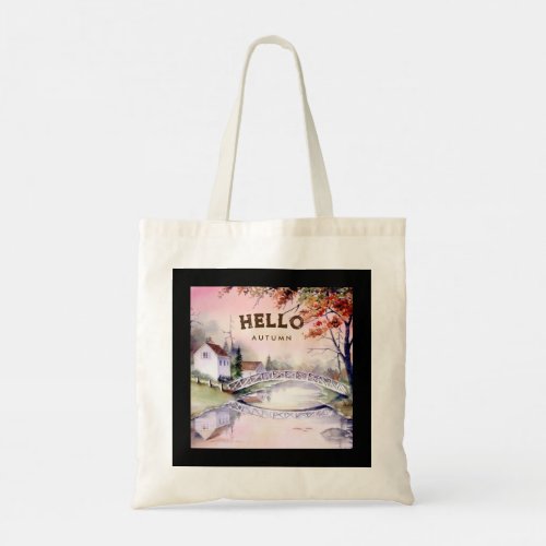 Hello Autumn Arched Bridge Watercolor Tote Bag