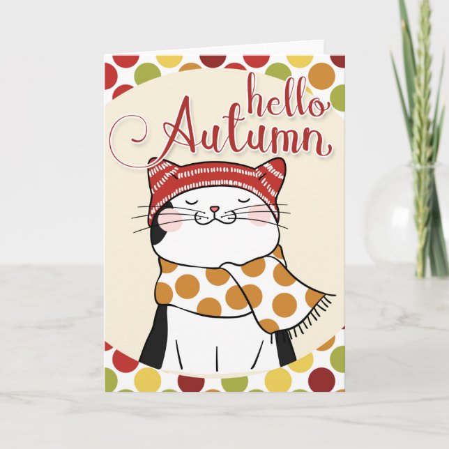 Hello Autumn Card - Cute Fall Season Kitty (Front)