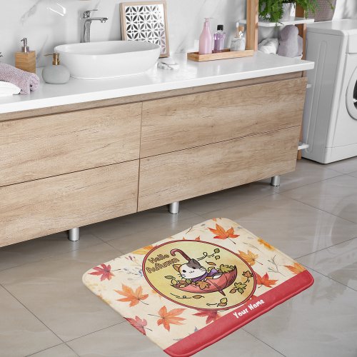 Hello Autumn Cute Cat Sits in Umbrella  Bath Mat