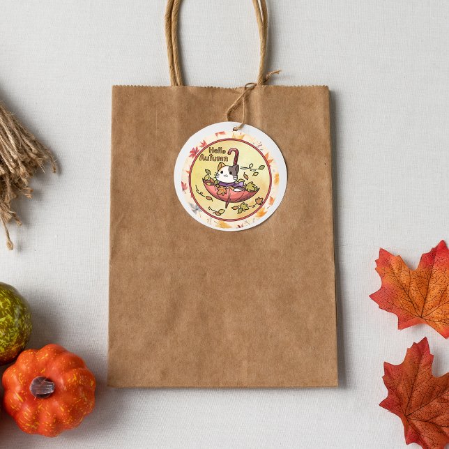 Hello Autumn, Cute Cat Sits in Umbrella  Classic Round Sticker (Creator Uploaded)