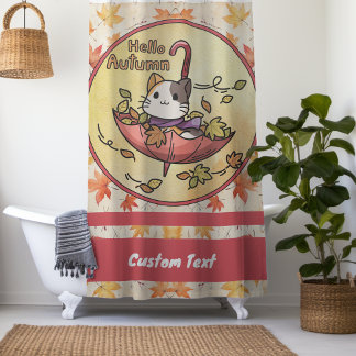Hello Autumn, Cute Cat Sits in Umbrella Shower Curtain