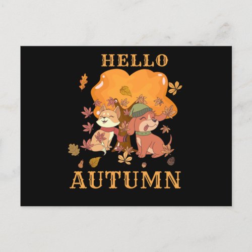 Hello Autumn _ Dog Cat Tree Foliage Autumn Leaves Postcard