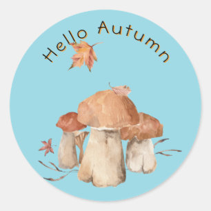 Hello Autumn Dry Leaf Mushroom Watercolor Classic Round Sticker