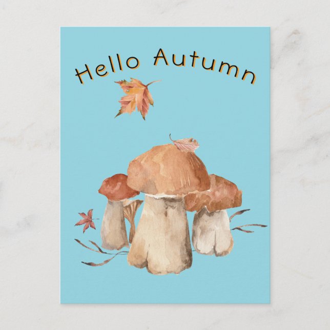 Hello Autumn Dry Leaf Mushroom Watercolor Postcard (Front)