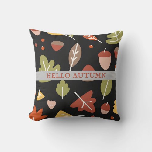 Hello Autumn Fall Leaves Acorns Pattern Throw Pillow