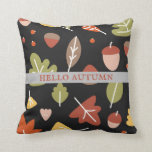 Hello Autumn Fall Leaves Acorns Pattern Throw Pillow<br><div class="desc">Fall autumn leaves and acorns green and rust brown pattern throw pillow on a black background black with hello autumn greeting!</div>