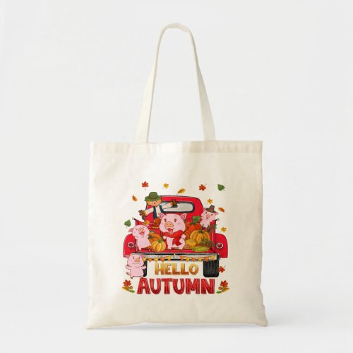 Hello Autumn Fall Pig Thanksgiving Pumpkin Maple L Tote Bag