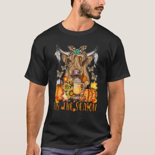 Hello Autumn Fall Tis The Season Highland Cow Pump T_Shirt