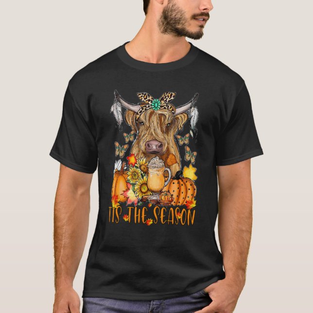 Hello Autumn Fall Tis The Season Highland Cow Pump T-Shirt (Front)