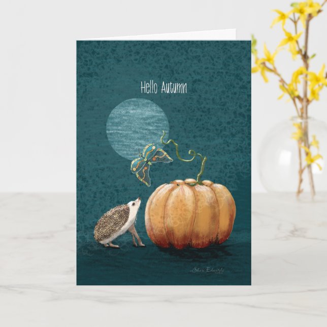 hello autumn hedgehog moth pumpkin card (Yellow Flower)