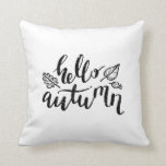 Hello Autumn Leaves Black and White Calligraphy Throw Pillow<br><div class="desc">It's a black and white throw pillow with my fall illustration of hello autumn calligraphy text and leaves clipart. It's a unique fall decorative pillow with typography quote. This autumn bed pillow is a great autumn housewarming decor, fall bedroom decor, fall lover gift, fall gift for her, autumn living room...</div>