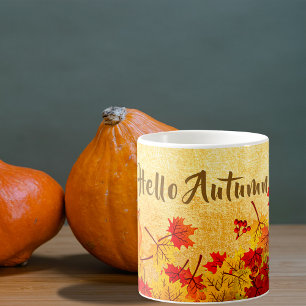 Hello Autumn Leaves on Old Paper Background Coffee Mug