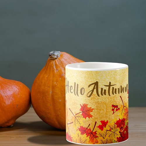 Hello Autumn Leaves on Old Paper Background Coffee Mug